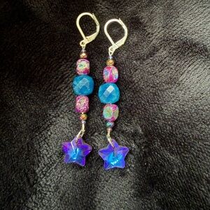 Chalcedony & Sea Sediment Jasper Star Drop Earrings-Sterling plated